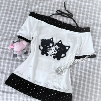 Japanese Kawaii Crop Tops Cartoon Print Harajuku Lolita Short Sleeve T-shirts Women Y2k Aesthetic Slim Tee Vintage Fairy Grunge