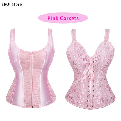 Overbust Corset Top with Straps Jacquard Corset Bustier Zipper Plus Size for Women Corset Dress with Skirt Black Red purple