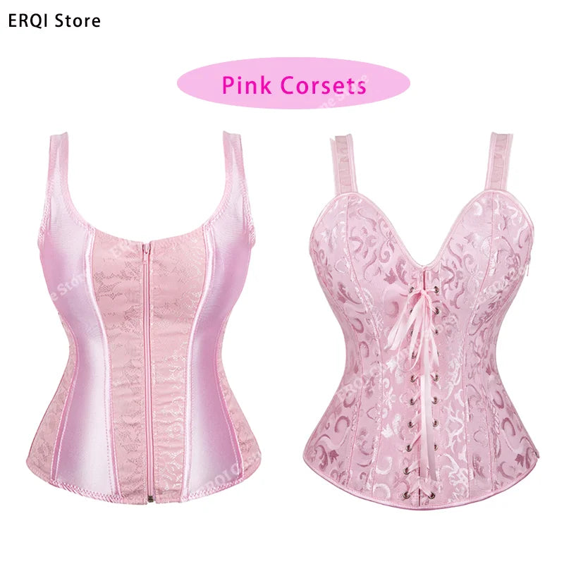 Overbust Corset Top with Straps Jacquard Corset Bustier Zipper Plus Size for Women Corset Dress with Skirt Black Red purple