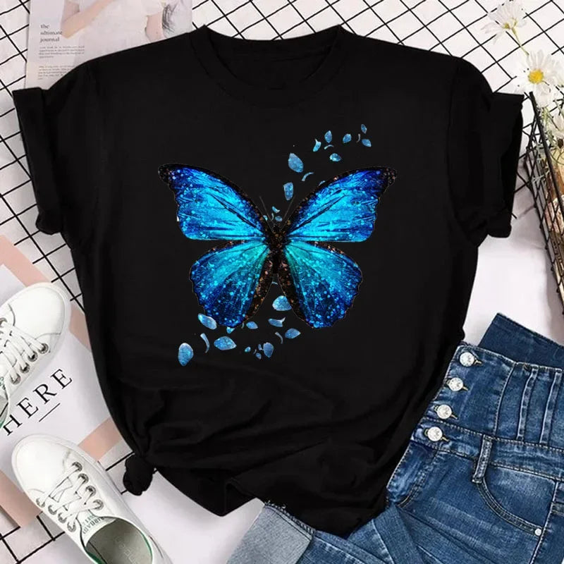 Y2k Women's Colorful Butterfly Petal Print T-Shirt, Short Sleeve, Round Neck, Cute Graphic Tee Shirts, Female Tops Clothes