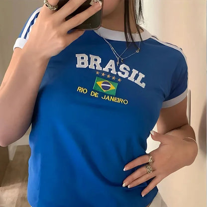 Womens Aesthetic BRASIL Letter Print T-Shirt and Shorts Suit, Vintage Grunge  Short Sleeve Baby Tees, Summer Crop Top Y2k Clothe