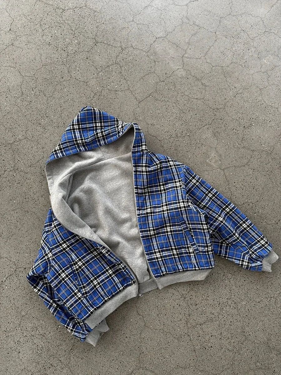 American Double-Sided Plaid Loose Zipper Hoodie Men Y2K New Harajuku Hip-Hop Gothic Couple Casual Joker Sweatshirt Street Wear
