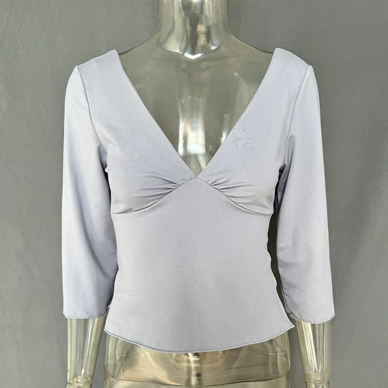 Sexy V-Neck T-shirts Women Tops Summer Long Sleeve Slit Solid Pullover Slim-Fit Chic High-Street 2026 Female Shirts Tee Tops