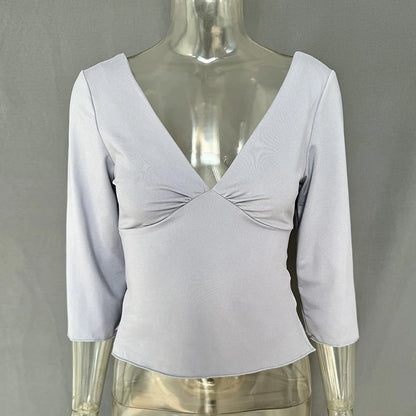 Sexy V-Neck T-shirts Women Tops Summer Long Sleeve Slit Solid Pullover Slim-Fit Chic High-Street 2026 Female Shirts Tee Tops