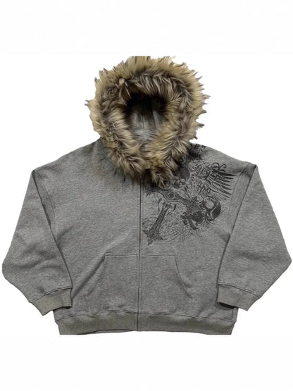 Autumn/Winter Y2k Women Aesthetic Harajuku Faux Fur Collar Hoodies Clothes Graphic Hip Hop Punk Gothic Zip Up Hoodies 2025 new