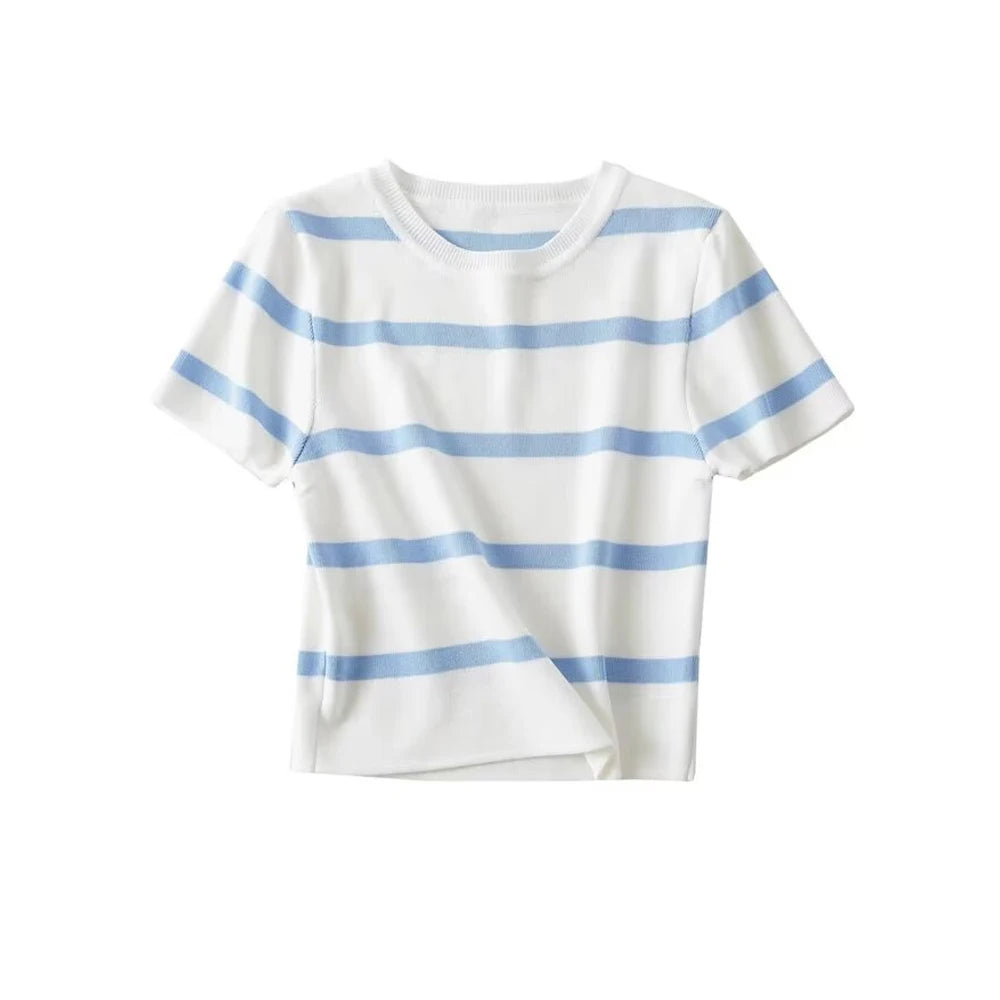 Women Fashion Striped Basic Cropped Knit Sweater Vintage O Neck Short Sleeve Female Pullovers Chic Tops