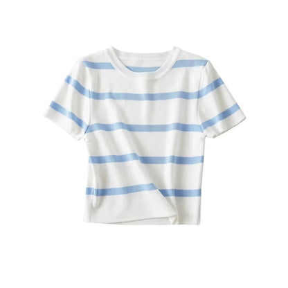 Women Fashion Striped Basic Cropped Knit Sweater Vintage O Neck Short Sleeve Female Pullovers Chic Tops