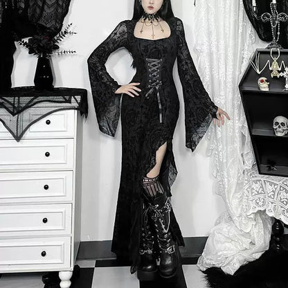 Halloween Costume Women Batwing Sleeve Floor Dress Black Gothic Evil Terror Maxi Mistress Morticia Addam Family Outfit For Adult
