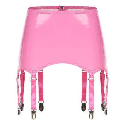 Womens Garters Latex Skirts Suspender Garters Belt Wet Look Patent Leather Mini Skirts Garters with Metal Clips Clubwear Costume