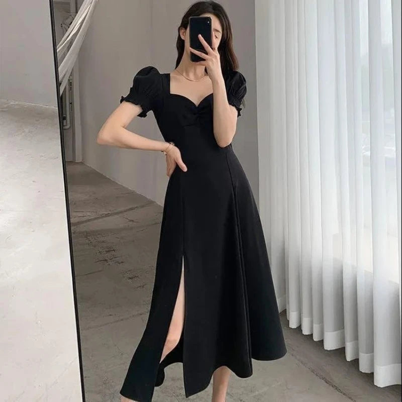Women Summer V-neck Puff Short-sleeved Dress Elegant Female Side Slit Long A-Line Dresses Solid Sexy Slim Evening Party Vestidos