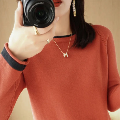 100% Cotton Knitwear Women's Round Neck Sweater Spring And Summer New Loose Color Matching Cotton And Linen Bottoming Shirt
