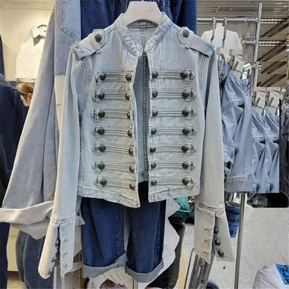 Streetwear Casual Loose Button Split Short Denim Jacket Women Fashion Spring Autumn 2026 Stand Collar Long Sleeve Jean Jacket