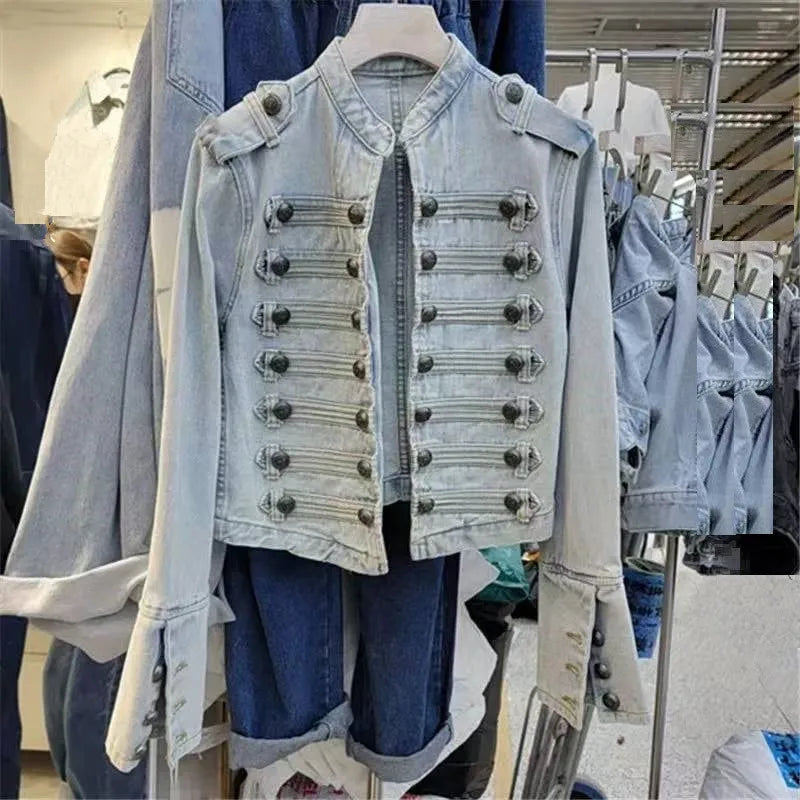 Streetwear Casual Loose Button Split Short Denim Jacket Women Fashion Spring Autumn 2026 Stand Collar Long Sleeve Jean Jacket