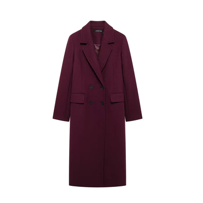 HH Women Fashion Burgundy Coat Double Breasted Long Sleeve Lapel Blends Jacket Autumn Winter High Street Outerwear