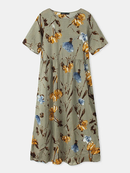 ZANZEA Summer Maxi Dress Women's Vintage Printed Sundress Casual Loose Short Sleeve Vestidos Vacation High Waist Robe Femme 2024