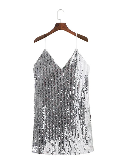 Deep V Neck Autumn Silver Sequined Backless Sexy Dress Women Off Shoulder Mini Dress Christmas Party Club Strap Dresses Vestidos