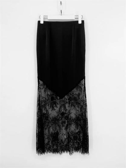 Women Patchwork Lace Skirts 2026 New Vintage High Waist Slim Hollow Out Maxi Skirts Autumn Brown Fashion Party Club Boho Skirt