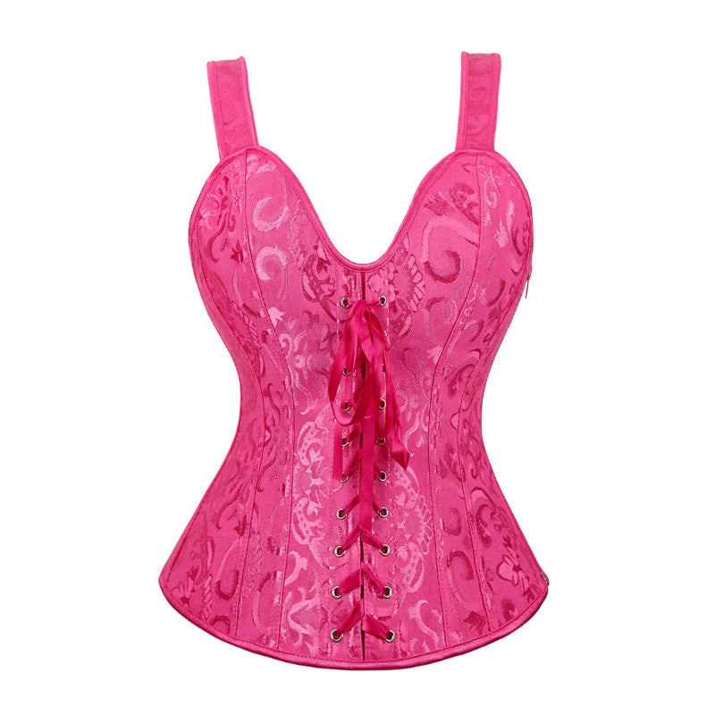 Overbust Corset Top with Straps Jacquard Corset Bustier Zipper Plus Size for Women Corset Dress with Skirt Black Red purple