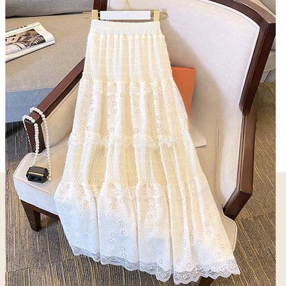 Lace Skirts Women French Style Ankle-length High Elastic Waist Hollow Out Patchwork New Loose Slim Korean  A-line Sweet Fit