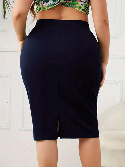 2026 Summer Plus Size Solid Slim Skirt, Casual High Waist Slit Skirt, Women's Plus SizeClothing