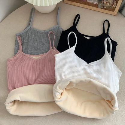 Women Sexy Solid Color Tops Thermal Casual Comfortable Elasticity Crop top Black Thin Velvet Sleeveless  Underwear Tank Top
