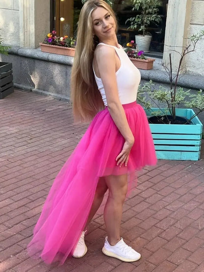 MisShow Hi-Lo Tulle Petticoat Women's Long Four Layer Puffy Skirt Fuchsia Tutu Skirts Adult Junpon Goth For Party Cocktail