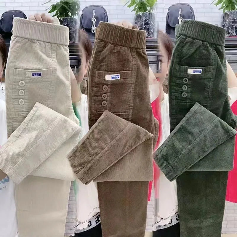 Women Warm Spring Winter Button Pockets Ruffles Vintage Big Large Plus Sizes Casual Party Fashion Loose Pant