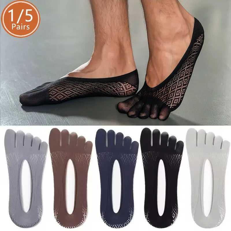 1/5 Pairs Summer Invisible No Show Five Finger Socks Mens Thin Velvet Non-Slip Mesh Breathable Elastic Solid Silk Socks Toes