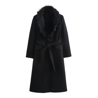 Women's Belt Warm Fur Collar Coat Flip Collar Pocket Button Decoration Autumn/Winter New Women's Wear