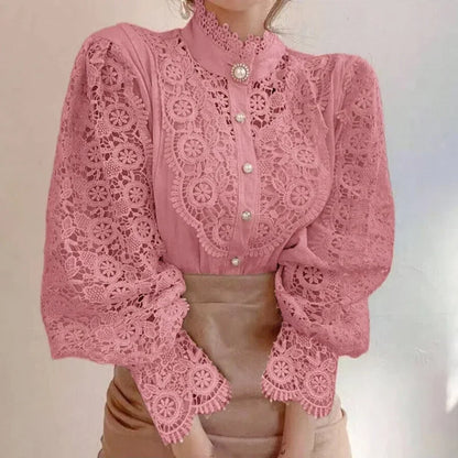 New Women's Long Sleeve High Neck  Chic Blouse, Lace Paneled Hollow Sleeve Elegant Top, Vintage Fashion Office Lady Outfits