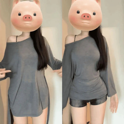 Sexy Thin See Through Long sleeve Oversize T shirt Women Bandage Off shoulder Top Female Basic Long Tees Korean Chic Lady New