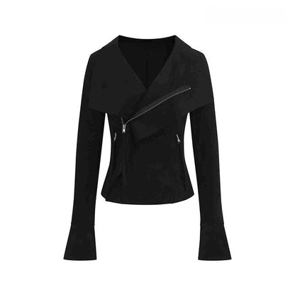 Vintage Turn Down Collar Cropped Jackets Women Harajuku Punk Slim Fit Coat Streetwear Pocket Zipper Y2k Aesthetic Grunge Outwear