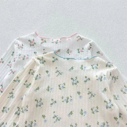 ‌New Arrival Baby Girls Floral Print Cotton Pajama Set Long Sleeve Lace Trim Two Piece Sleepwear Autumn Homewear Infant Toddler‌