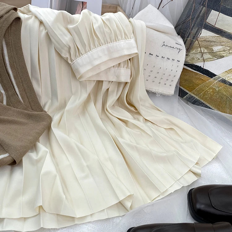 2026 Elegant High Waist Pleated Skirt for Women Mid-long Midi Skirt Female High Quality Black Saia