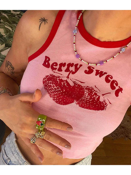 2024 Pink Print Y2k Tank Top Summer Off Shoulder O Neck Sleeveless Fashion 90s Vintage Crop Tops Women Casual Sexy