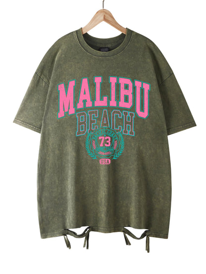Malibu Beach Washed T-Shirt Women Letter Printing Cotton T Shirt Comfortable Crewneck Tops Casual Oversized Tees Female Clothes