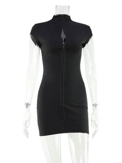 CNYISHE Solid Butoon High Collar Short Sleeve Women Dresses Sheath Trendy Chic Sexy Club Hot Girl Hip Wrap Outfits Female Skinny
