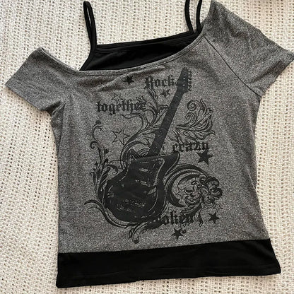 Y2k Slim Fit Print Tops Women Off Shoulder Short Sleeve Tee Shirt Neploe American Vintage Fake Two Piece Halter Lace Up T-shirts