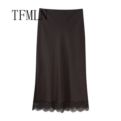 TFMLN Elegant Lace Splice Satin Half Skirt Women's Fashion Wrap Around Long Skirt High Quality Feel New 2025 Style