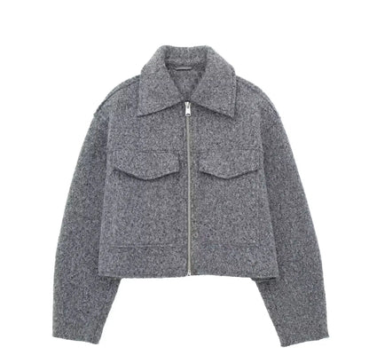 DUOPERI Women Fashion Winter Autumn Fleece Cropped Jacket Lapel Collar Long Sleeves Female Chic Lady Casual Short Outwear