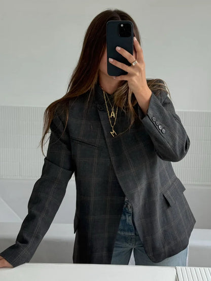 Women Irregular Plaid Blazer Jacket Stand Collar Full Sleeve Split Loose Short Jackets 2026 Fashion Lady Daily Commute Outwears