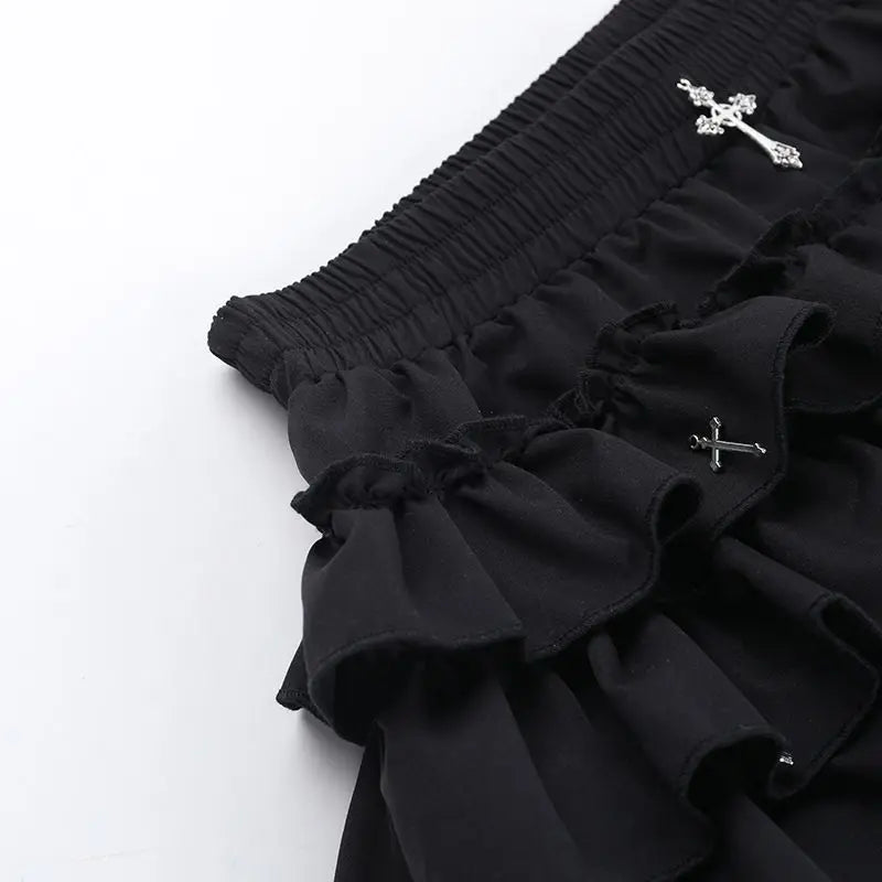 Women Skirts Tiered Ruffles Mini Skirt with Cross Charms Built-in Shorts Kawaii Sukapan Skort Gothic Punk Coquette Y2K E-girl
