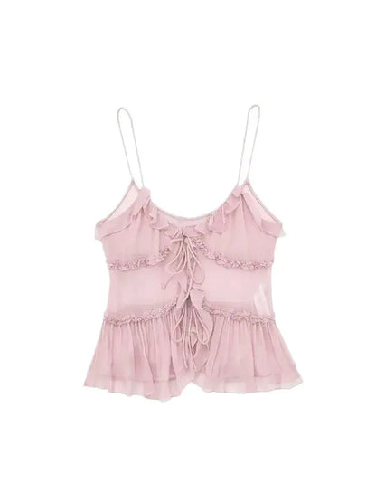 Women Fashion With Ruffled Front Tied Semi-sheer Tank Tops Sexy Backless Thin Straps Female Camis Mujer