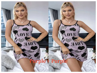 Summer New Women's Nightgown Beauty Back Thin Section Of Home Wear Sexy Halter Short Skirt Love Cartoon Cute Printing Pajamas