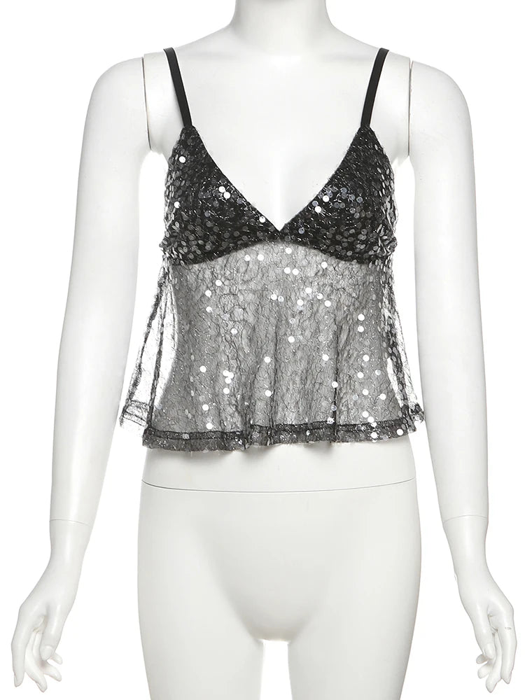 Weird Puss Sequins Patchwork Mesh Camisole Women v-Neck Sexy Backless Summer Trend Street Midnight Versatile Hottie Classic Tops