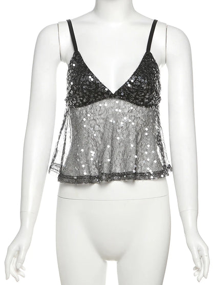 Weird Puss Sequins Patchwork Mesh Camisole Women v-Neck Sexy Backless Summer Trend Street Midnight Versatile Hottie Classic Tops