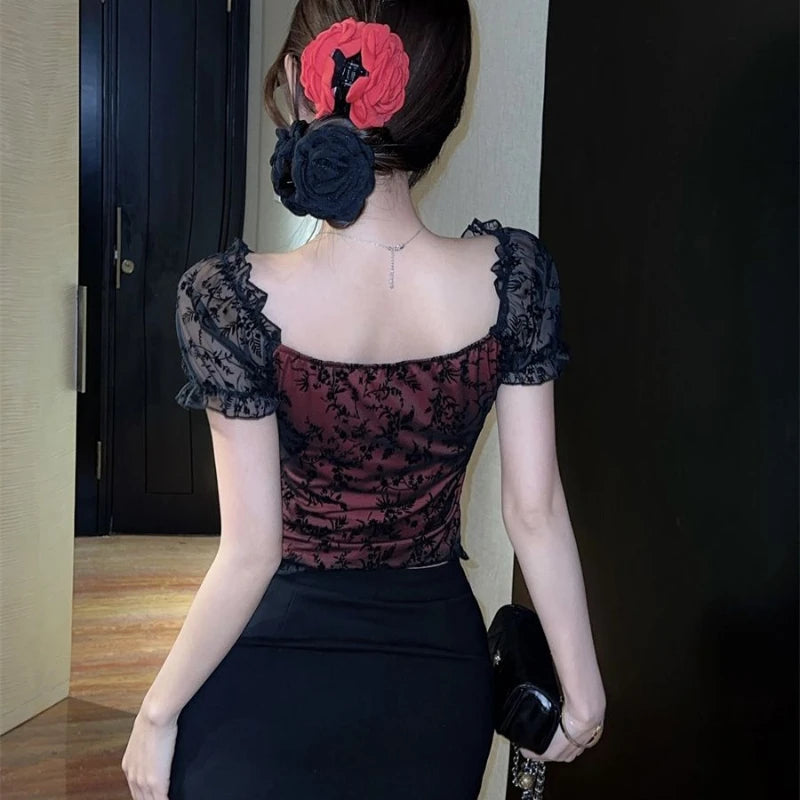 Blouses Women Lace Sexy Slim Tops Hot Girls Summer Stylish Short Puff Sleeve Seductive Backless Slash Neck Mesh Aesthetic Chic