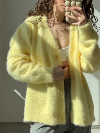 Hirsionsan Elegant Long Sleeve Sweater Women 2025 New Single-Breasted Female Casual Cardigan Soft Flexible Knitted Outwear