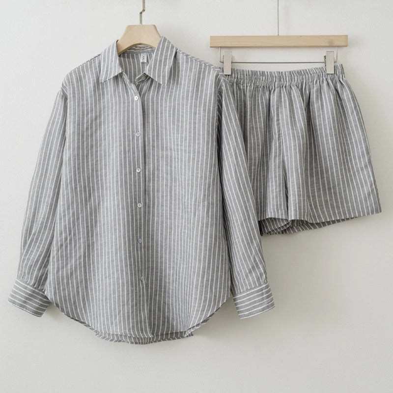 Women 2025 Summer Casual striped Blouse Shorts Sets