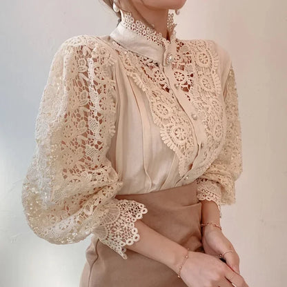 New Women's Long Sleeve High Neck  Chic Blouse, Lace Paneled Hollow Sleeve Elegant Top, Vintage Fashion Office Lady Outfits